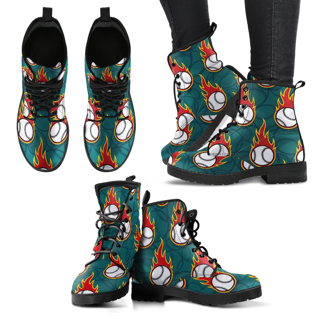 Baseball Fire Print Pattern Women Leather Boots-JTAMIGO.COM