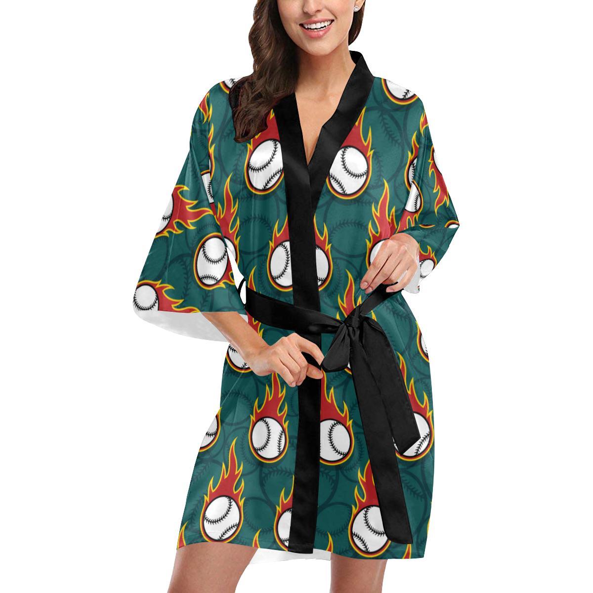 Baseball Fire Print Pattern Women Short Kimono Robe