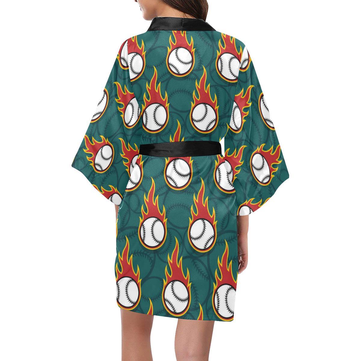 Baseball Fire Print Pattern Women Short Kimono Robe