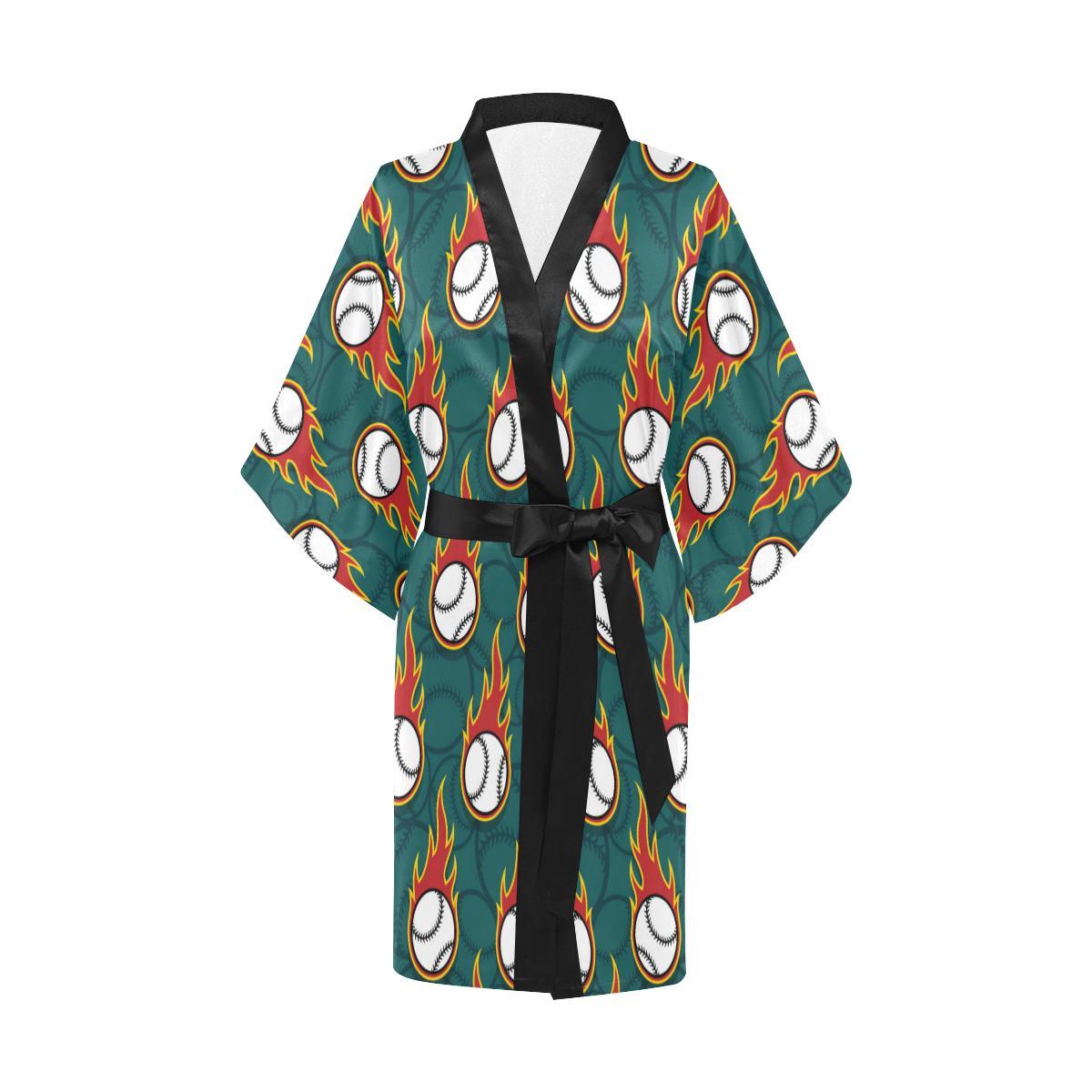 Baseball Fire Print Pattern Women Short Kimono Robe