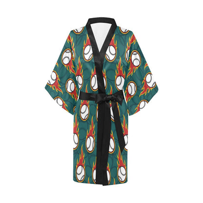 Baseball Fire Print Pattern Women Short Kimono Robe
