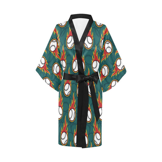 Baseball Fire Print Pattern Women Short Kimono Robe
