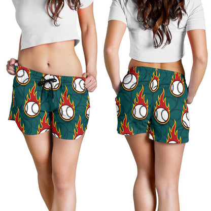 Baseball Fire Print Pattern Women Shorts-JTAMIGO.COM