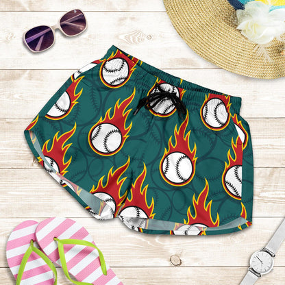 Baseball Fire Print Pattern Women Shorts-JTAMIGO.COM