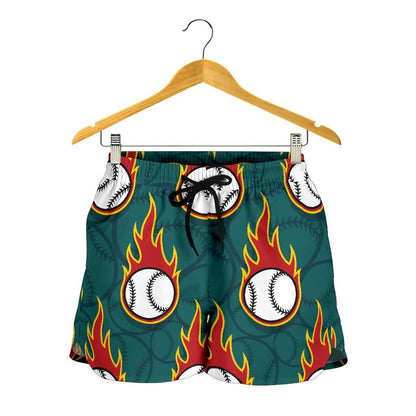 Baseball Fire Print Pattern Women Shorts-JTAMIGO.COM