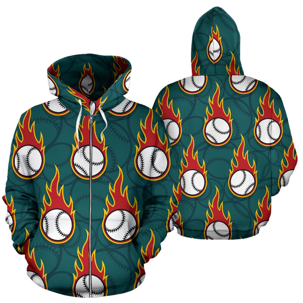 Baseball Fire Print Pattern Zip Up Hoodie