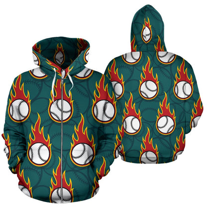 Baseball Fire Print Pattern Zip Up Hoodie