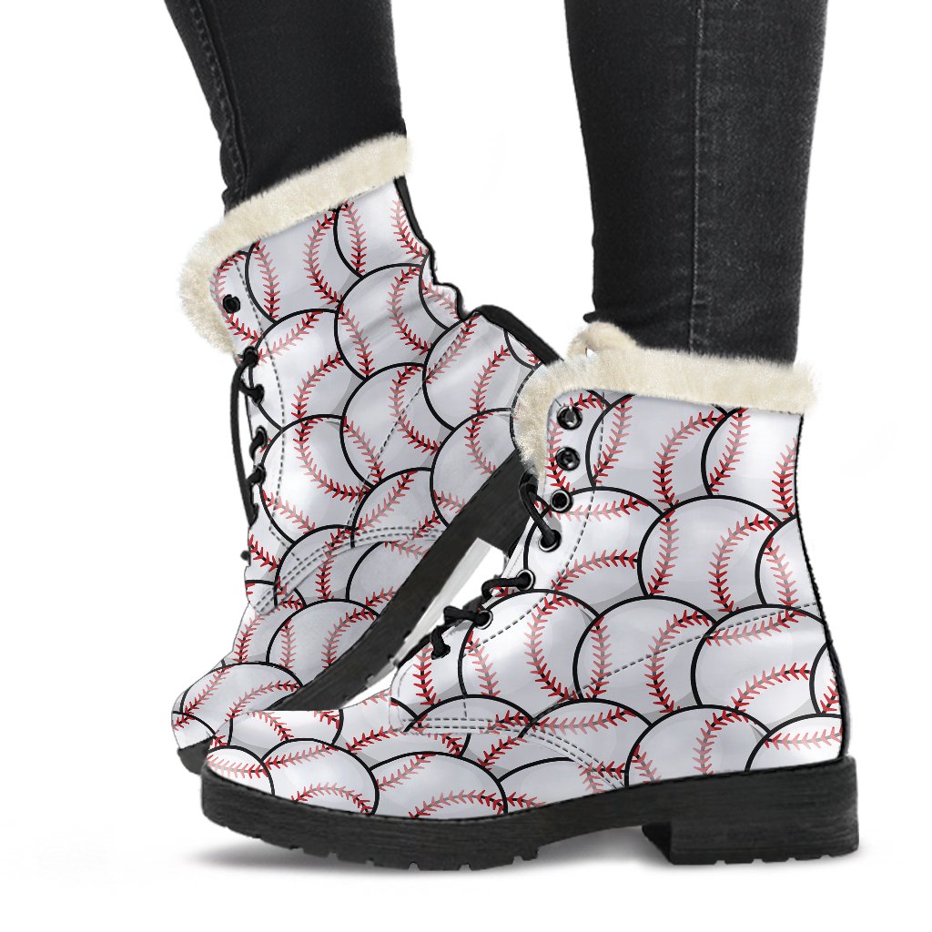 Baseball Pattern Faux Fur Leather Boots-JTAMIGO.COM