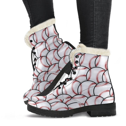Baseball Pattern Faux Fur Leather Boots-JTAMIGO.COM