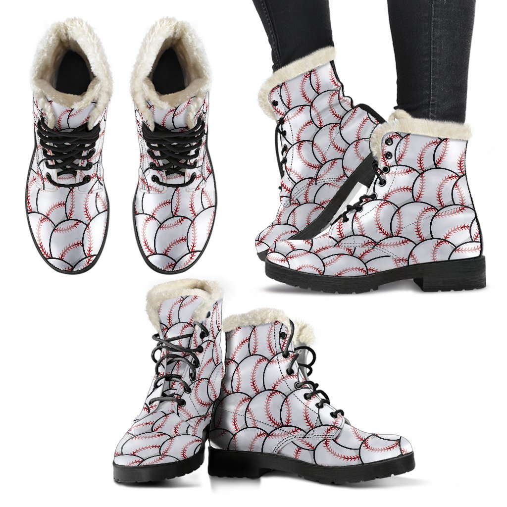 Baseball Pattern Faux Fur Leather Boots-JTAMIGO.COM