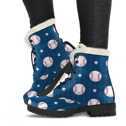 Baseball Star Print Pattern Faux Fur Leather Boots-JTAMIGO.COM