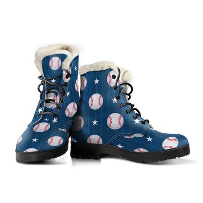 Baseball Star Print Pattern Faux Fur Leather Boots-JTAMIGO.COM