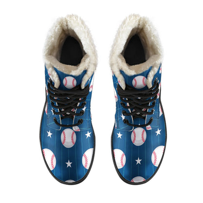Baseball Star Print Pattern Faux Fur Leather Boots-JTAMIGO.COM