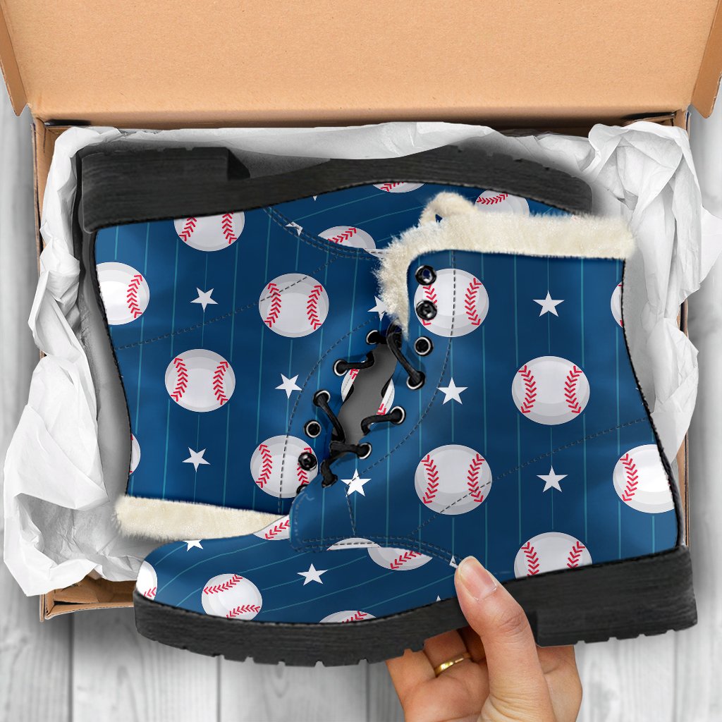 Baseball Star Print Pattern Faux Fur Leather Boots-JTAMIGO.COM