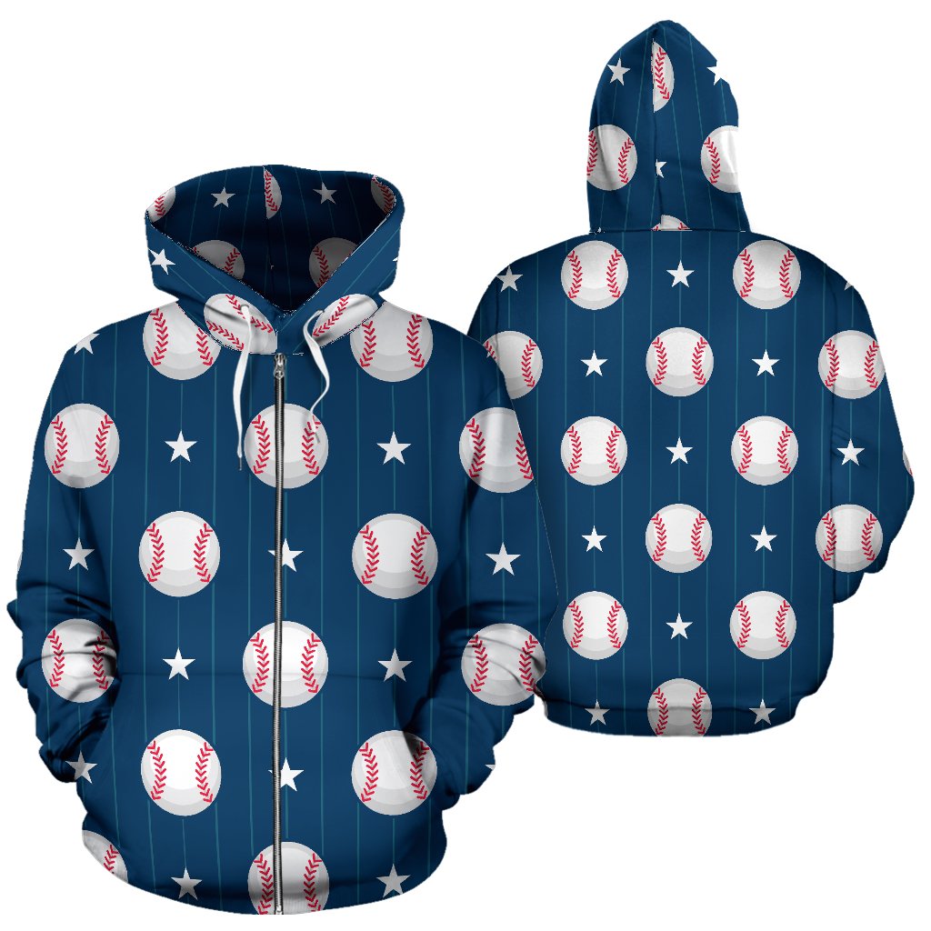 Baseball Star Print Pattern Zip Up Hoodie
