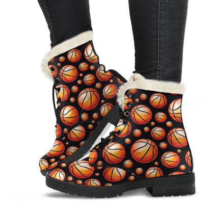 Basketball Black Background Pattern Faux Fur Leather Boots-JTAMIGO.COM