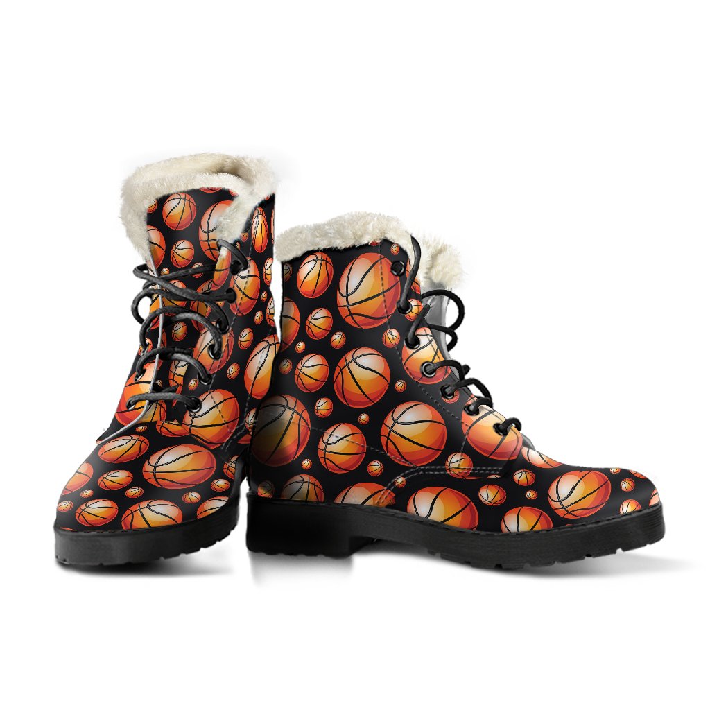 Basketball Black Background Pattern Faux Fur Leather Boots-JTAMIGO.COM