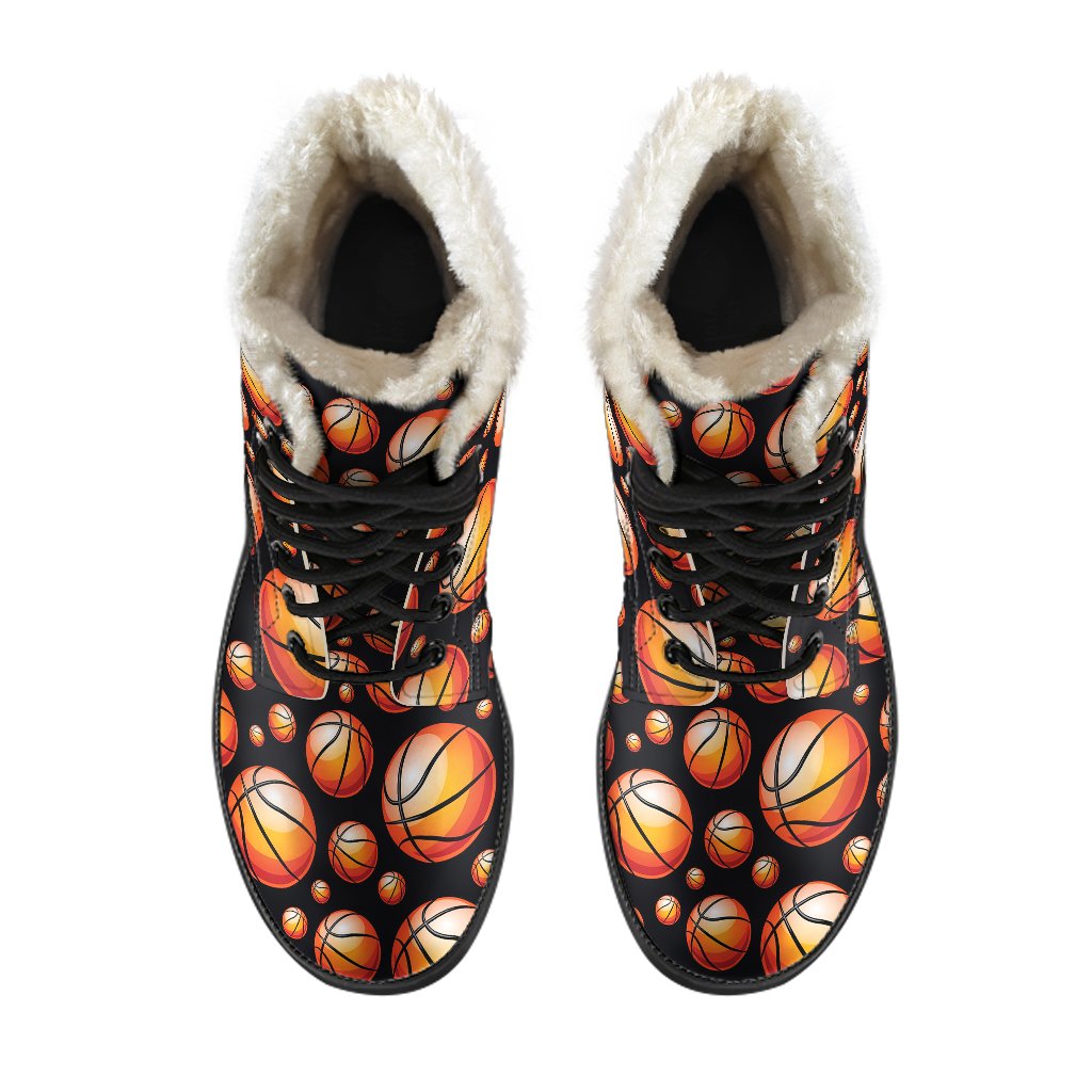 Basketball Black Background Pattern Faux Fur Leather Boots-JTAMIGO.COM