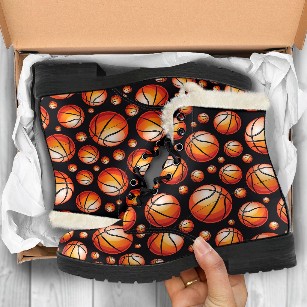 Basketball Black Background Pattern Faux Fur Leather Boots-JTAMIGO.COM