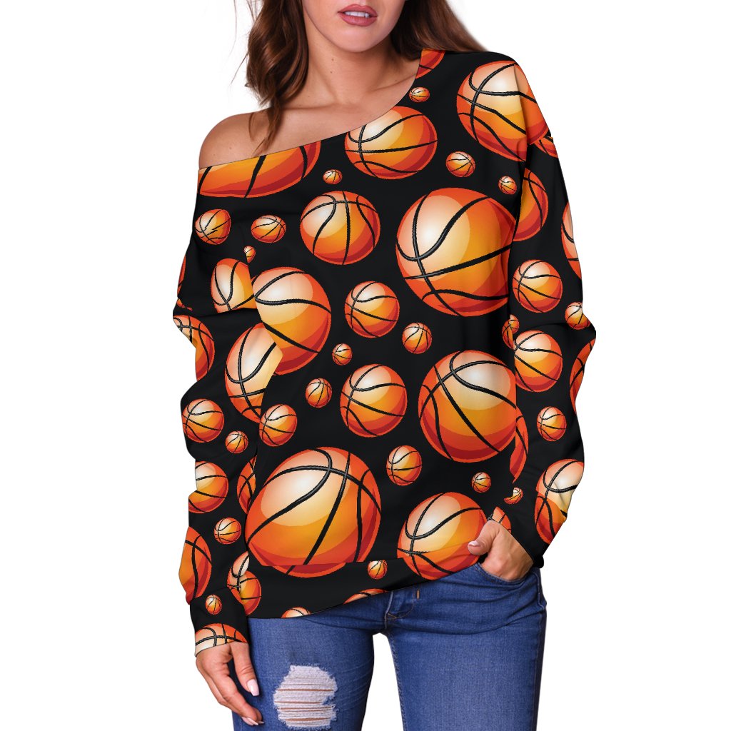 Basketball Black Background Pattern Off Shoulder Sweatshirt