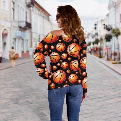 Basketball Black Background Pattern Off Shoulder Sweatshirt