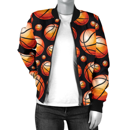 Basketball Black Background Pattern Women Casual Bomber Jacket