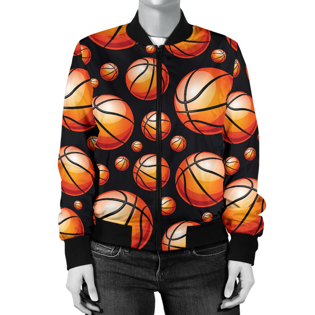 Basketball Black Background Pattern Women Casual Bomber Jacket