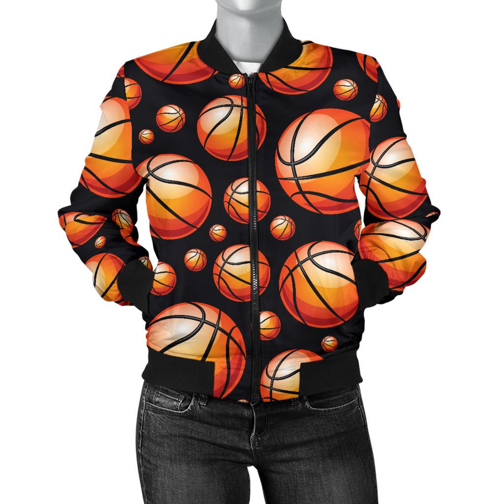 Basketball Black Background Pattern Women Casual Bomber Jacket