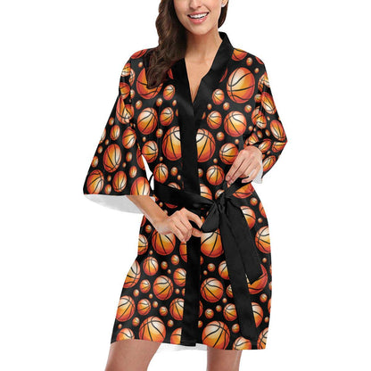Basketball Black Background Pattern Women Short Kimono Robe