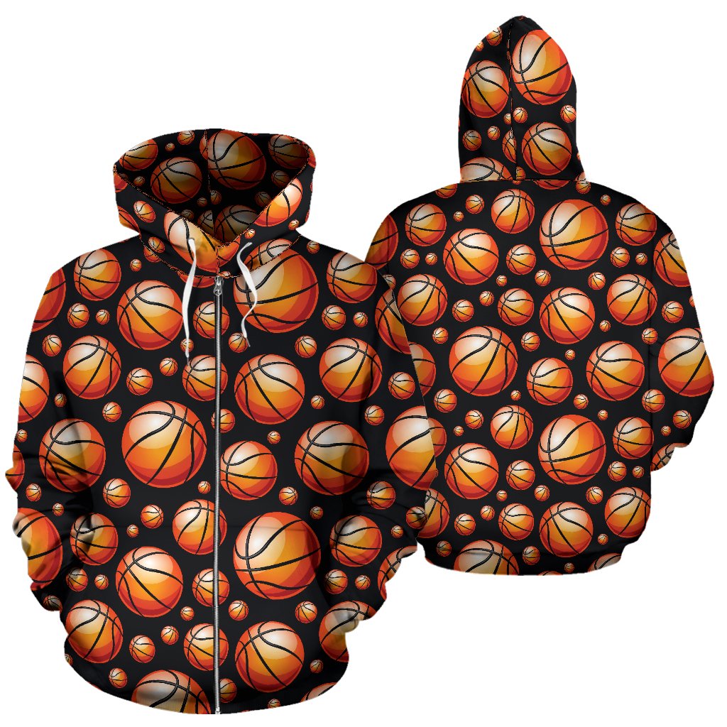 Basketball Black Background Pattern Zip Up Hoodie