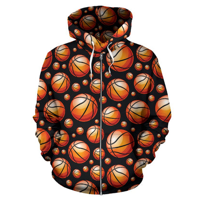 Basketball Black Background Pattern Zip Up Hoodie
