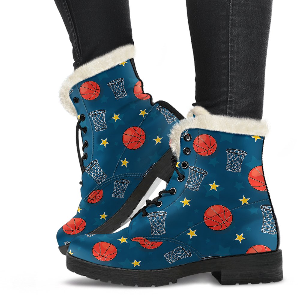 Basketball Classic Print Pattern Faux Fur Leather Boots-JTAMIGO.COM