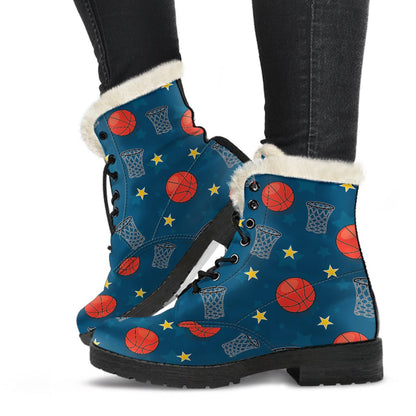 Basketball Classic Print Pattern Faux Fur Leather Boots-JTAMIGO.COM