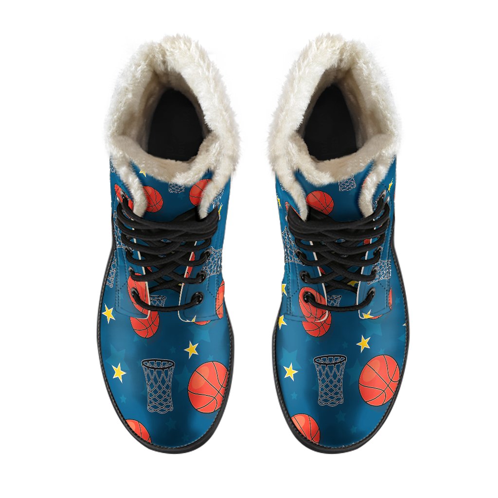 Basketball Classic Print Pattern Faux Fur Leather Boots-JTAMIGO.COM