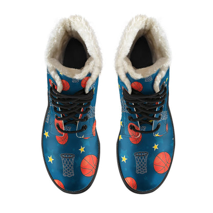 Basketball Classic Print Pattern Faux Fur Leather Boots-JTAMIGO.COM