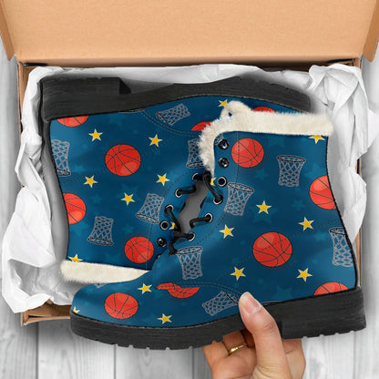 Basketball Classic Print Pattern Faux Fur Leather Boots-JTAMIGO.COM