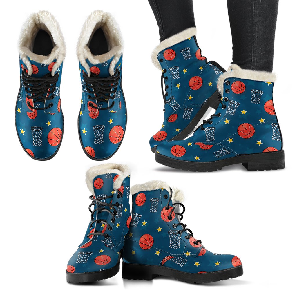 Basketball Classic Print Pattern Faux Fur Leather Boots-JTAMIGO.COM