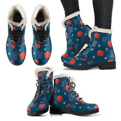 Basketball Classic Print Pattern Faux Fur Leather Boots-JTAMIGO.COM