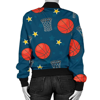 Basketball Classic Print Pattern Women Casual Bomber Jacket
