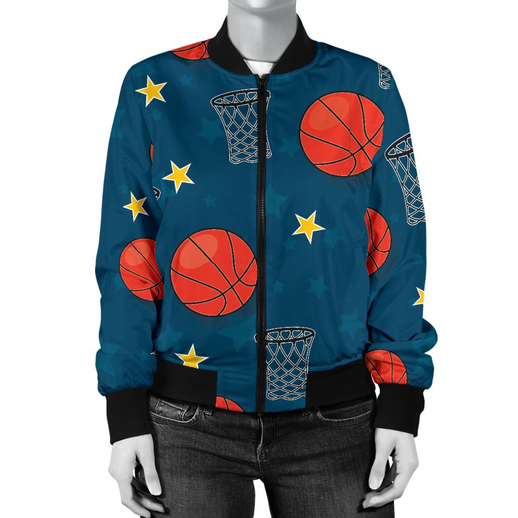 Basketball Classic Print Pattern Women Casual Bomber Jacket