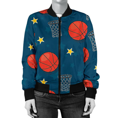 Basketball Classic Print Pattern Women Casual Bomber Jacket