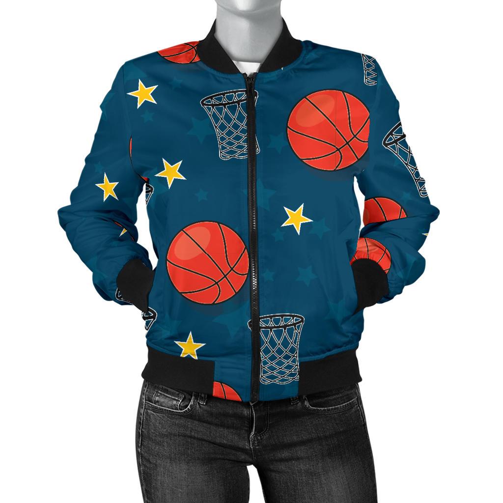 Basketball Classic Print Pattern Women Casual Bomber Jacket