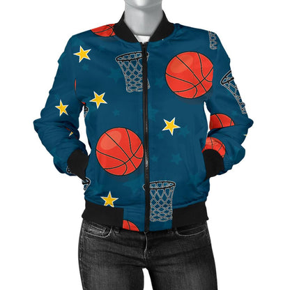 Basketball Classic Print Pattern Women Casual Bomber Jacket