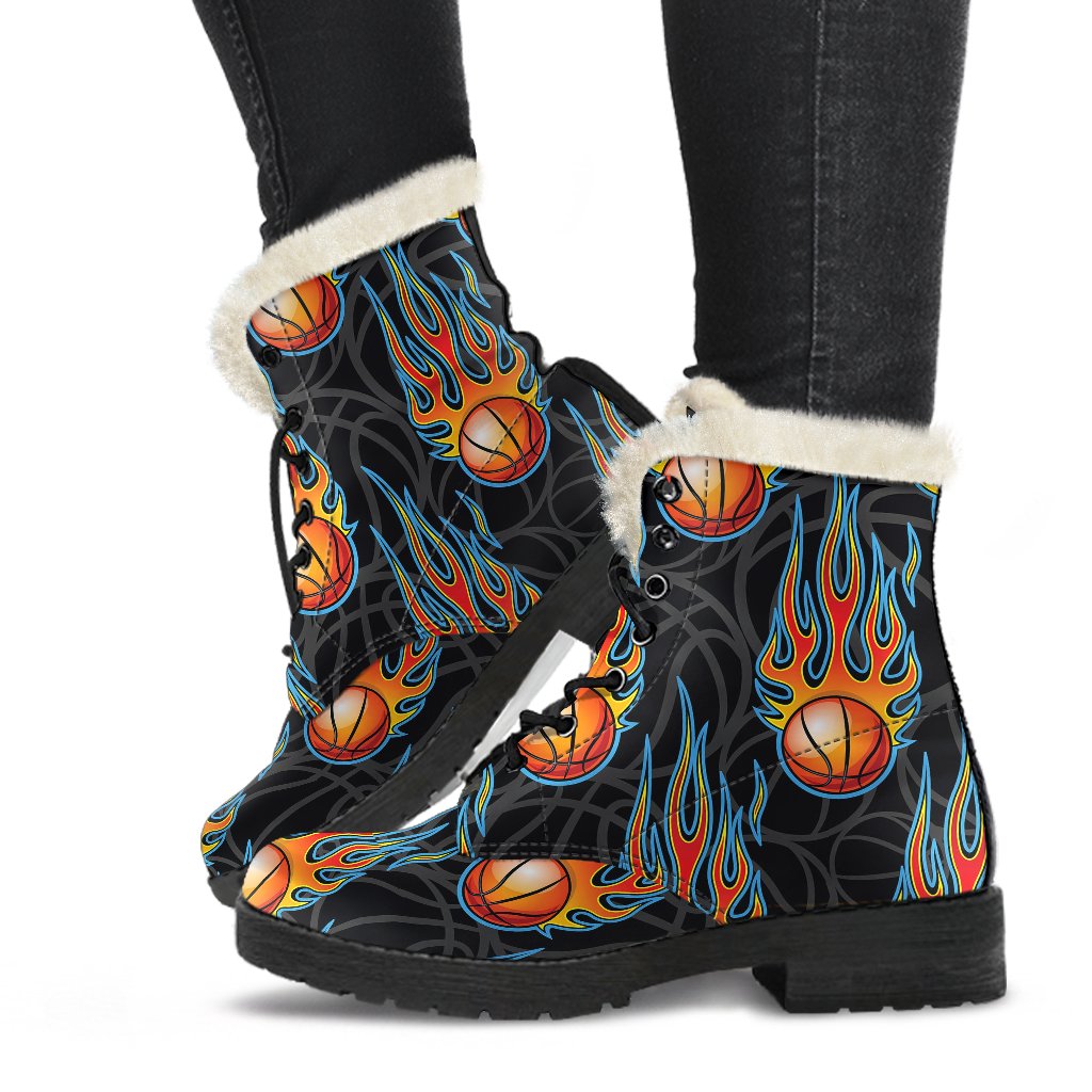 Basketball Fire Print Pattern Faux Fur Leather Boots-JTAMIGO.COM