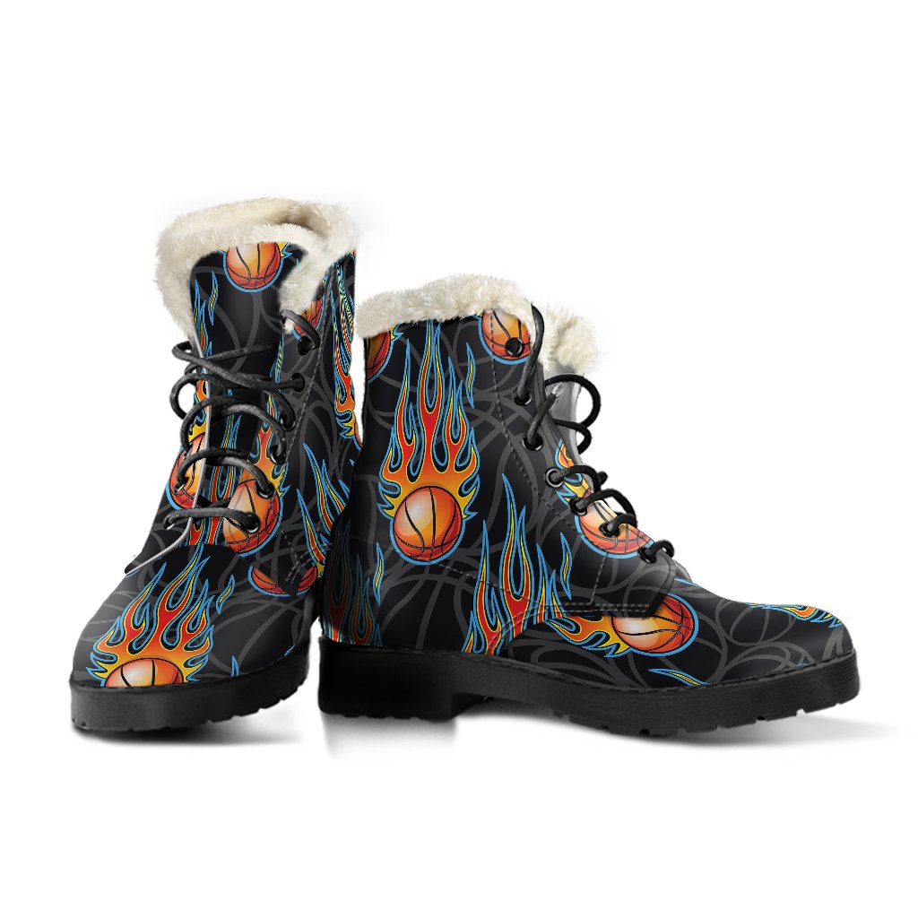 Basketball Fire Print Pattern Faux Fur Leather Boots-JTAMIGO.COM