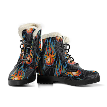 Basketball Fire Print Pattern Faux Fur Leather Boots-JTAMIGO.COM
