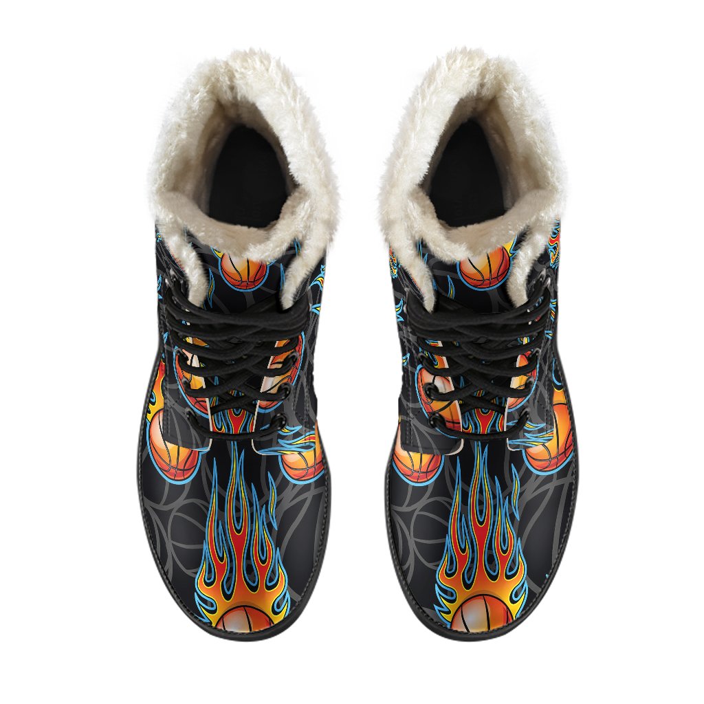 Basketball Fire Print Pattern Faux Fur Leather Boots-JTAMIGO.COM