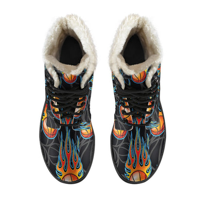 Basketball Fire Print Pattern Faux Fur Leather Boots-JTAMIGO.COM