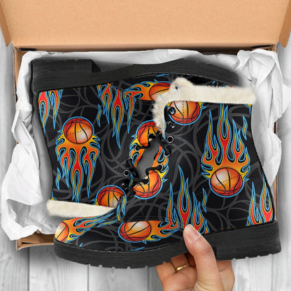 Basketball Fire Print Pattern Faux Fur Leather Boots-JTAMIGO.COM