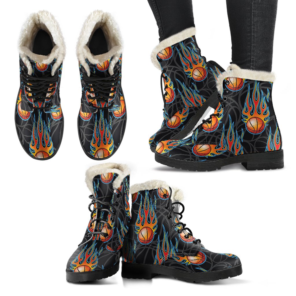 Basketball Fire Print Pattern Faux Fur Leather Boots-JTAMIGO.COM